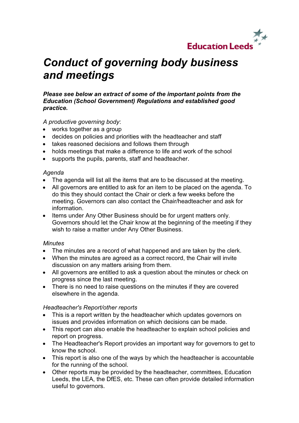 Conduct of Governing Body Business and Meetings