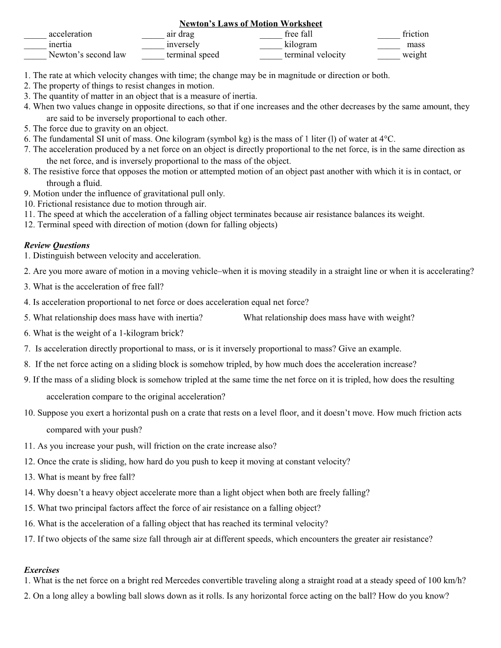Newton S Laws of Motion Worksheet