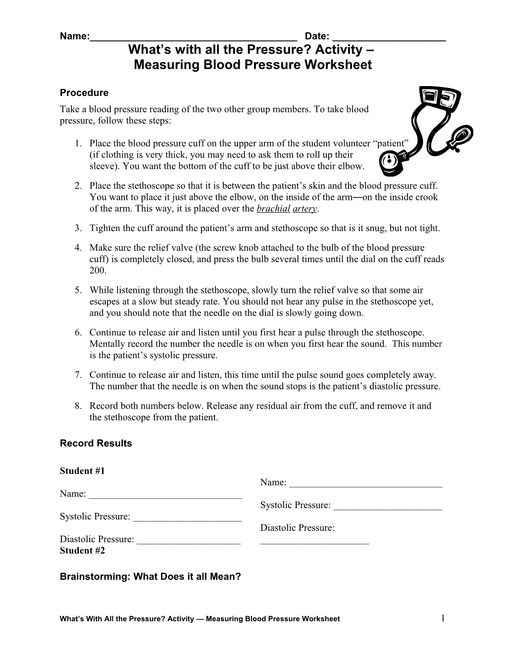 What S with All the Pressure? Activity Measuring Blood Pressure Worksheet