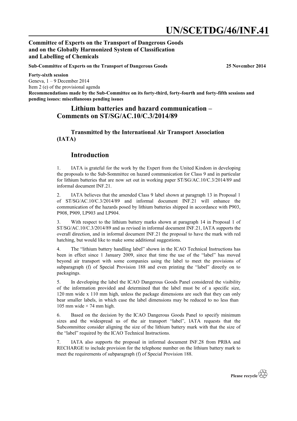 Lithium Batteries and Hazard Communication Comments on ST/SG/AC.10/C.3/2014/89