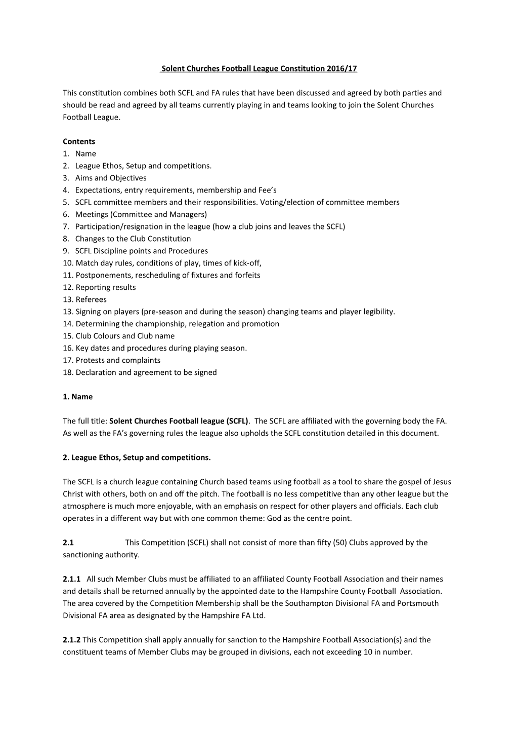 Solent Churches Football League Constitution 2016/17