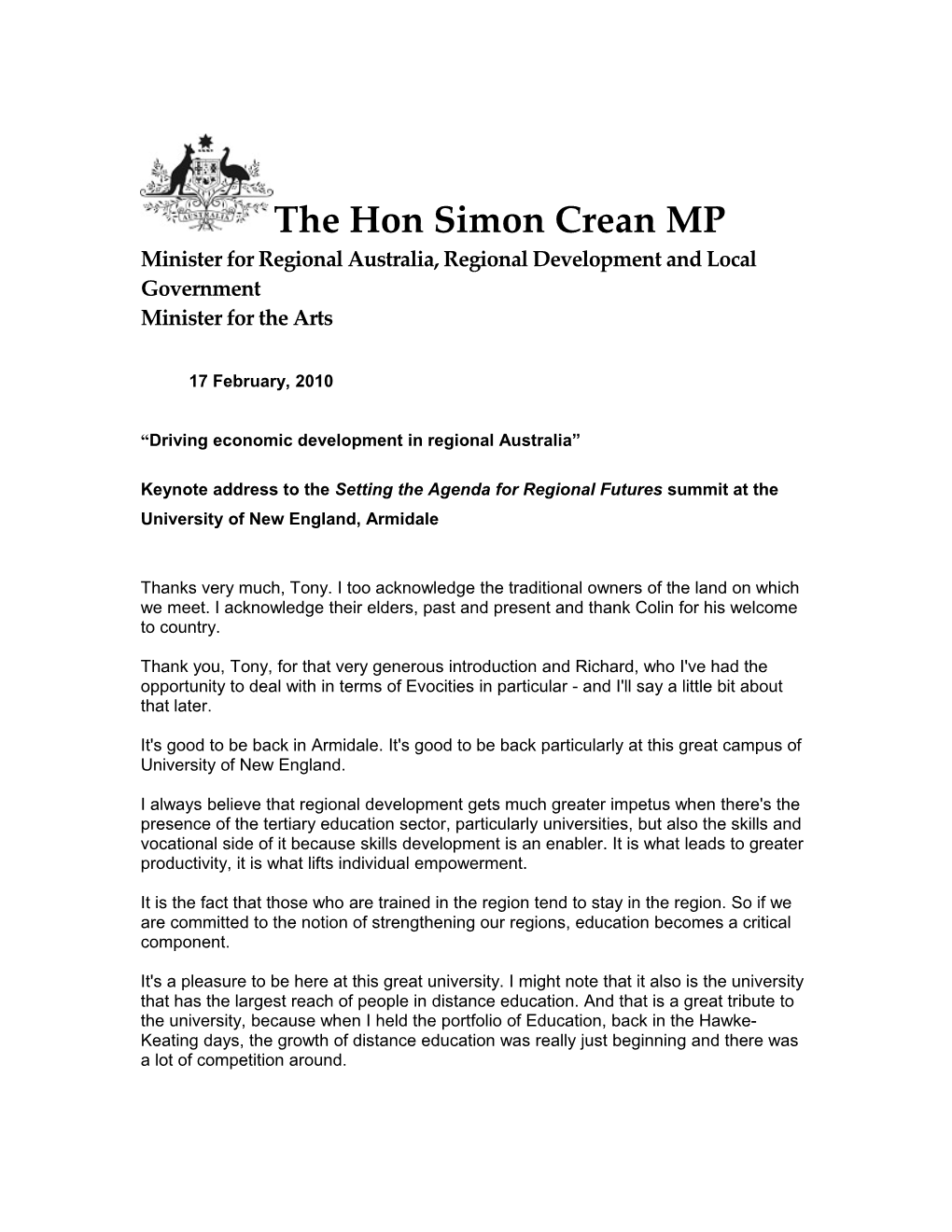 The Hon Simon Crean MP