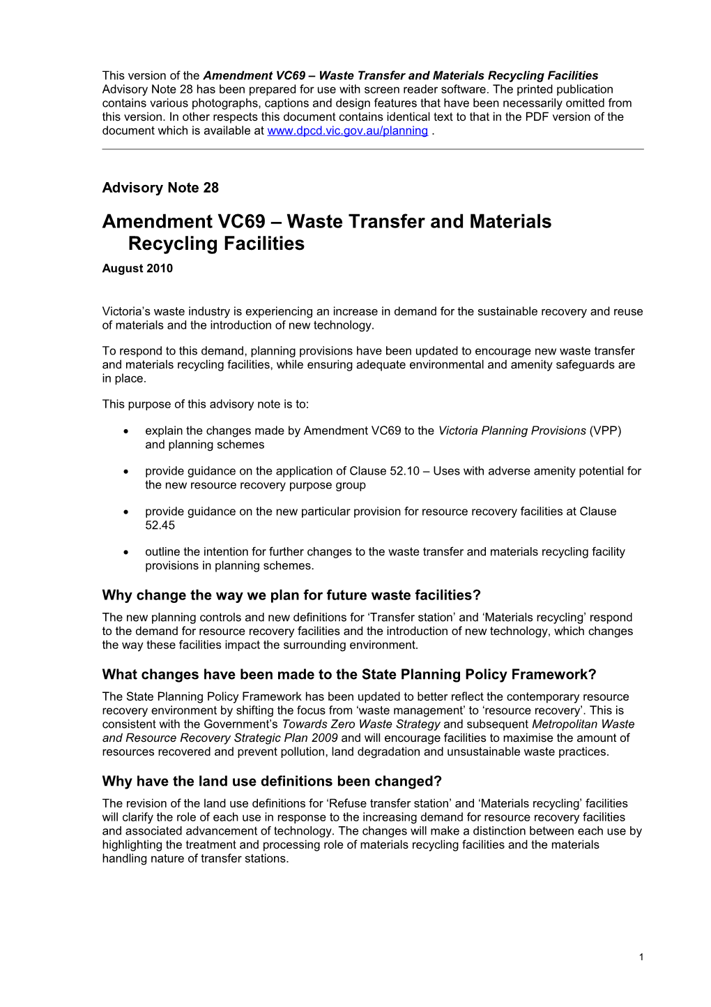 Amendment VC69 Waste Transfer and Materials Recycling Facilities Advisory Note 28