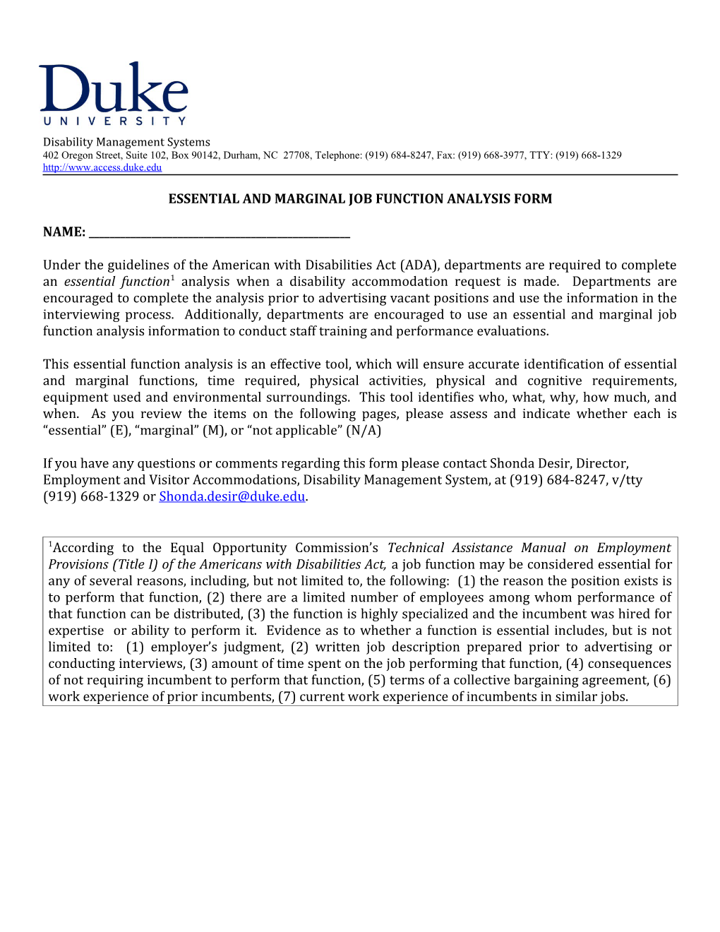 Essential and Marginal Job Function Analysis Form