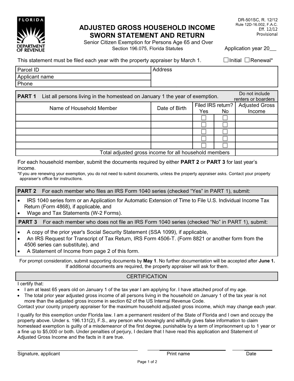 ADJUSTED GROSS HOUSEHOLD INCOME SWORN STATEMENT, Senior Citizen Exemption s1