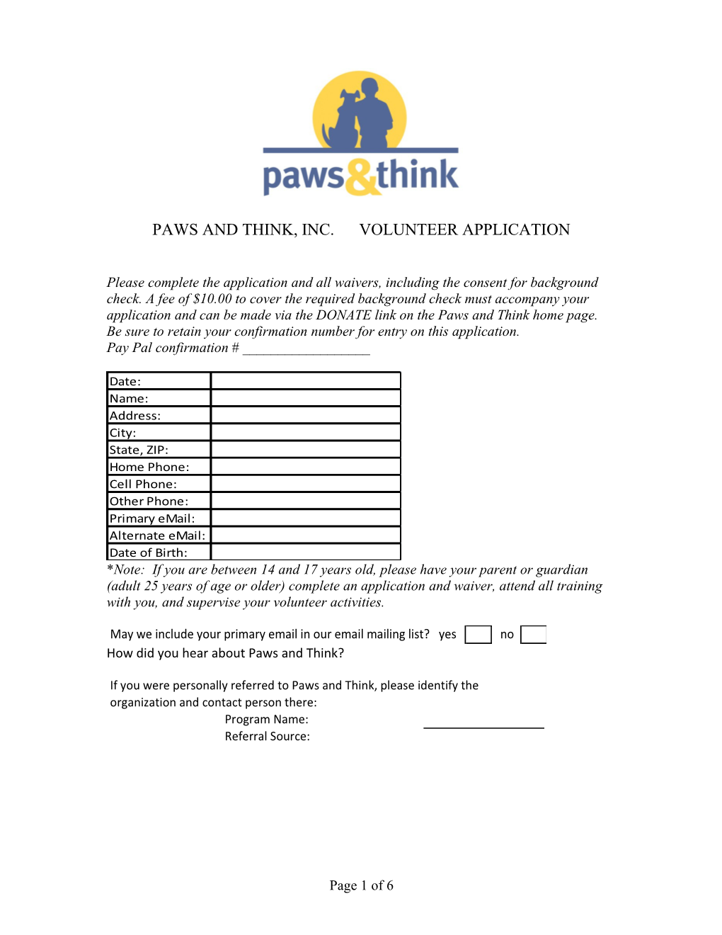 Paws and Think, Inc. Volunteer Application