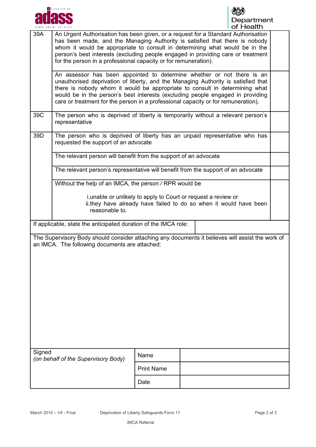 March 2015 V4 - Final Deprivation of Liberty Safeguards Form 11 Page 1 of 2