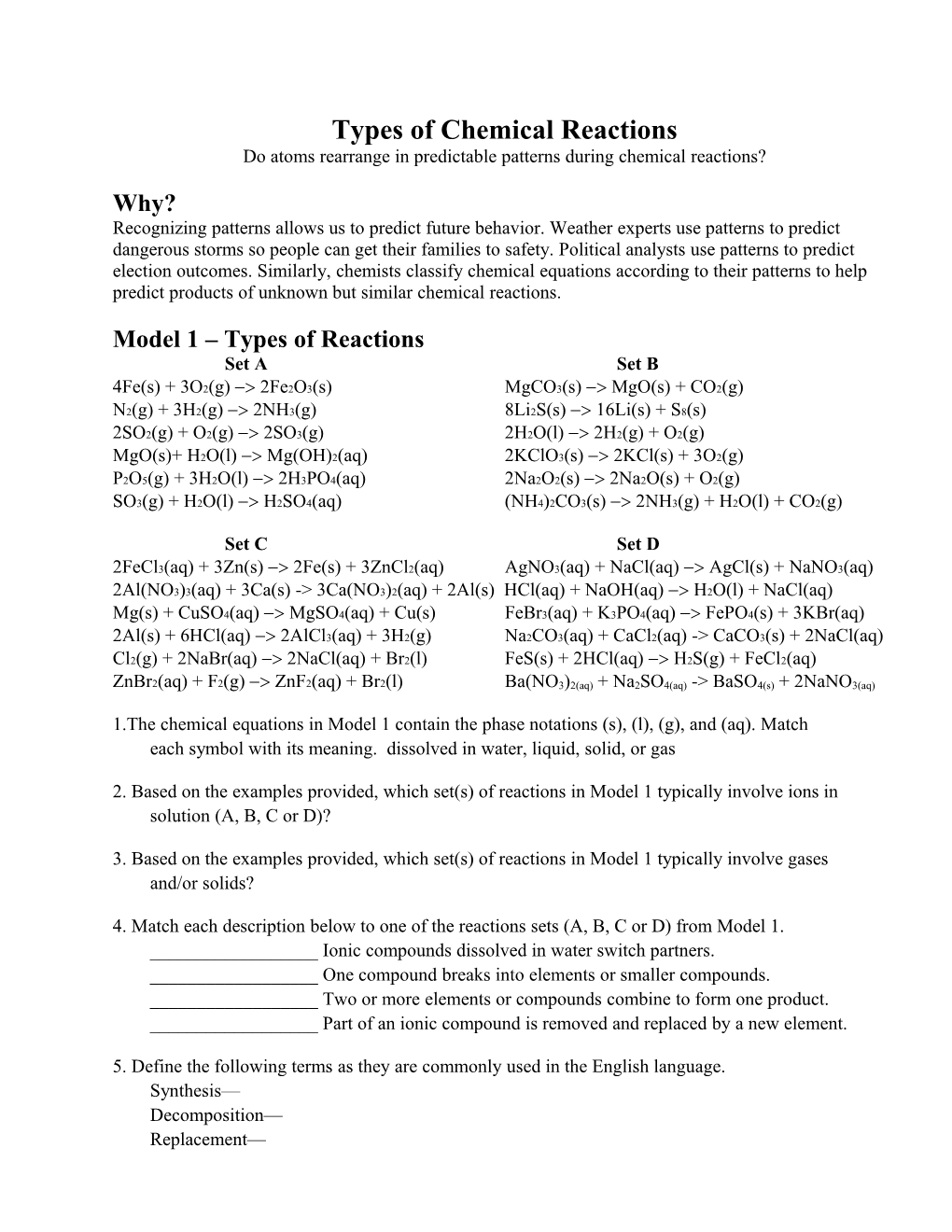 Types of Chemical Reactions