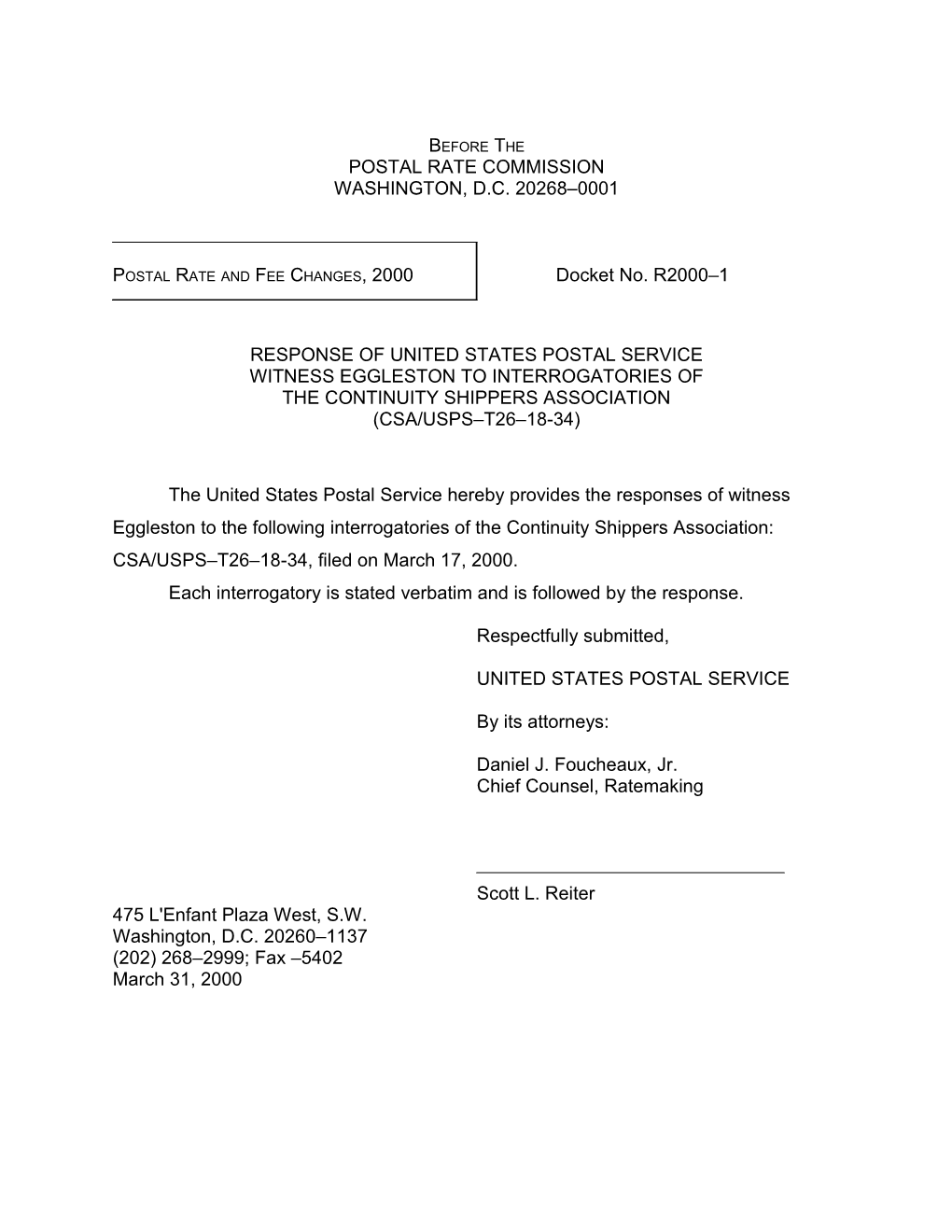 Response of United Postal Service Witness Eggleston to Interrogatories of Continuity Shippers