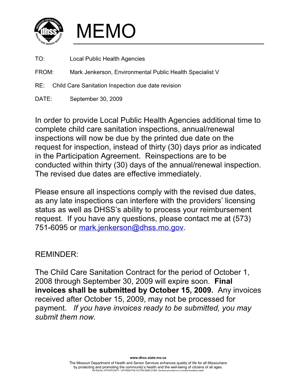 RE: Child Care Sanitation Inspection Due Date Revision