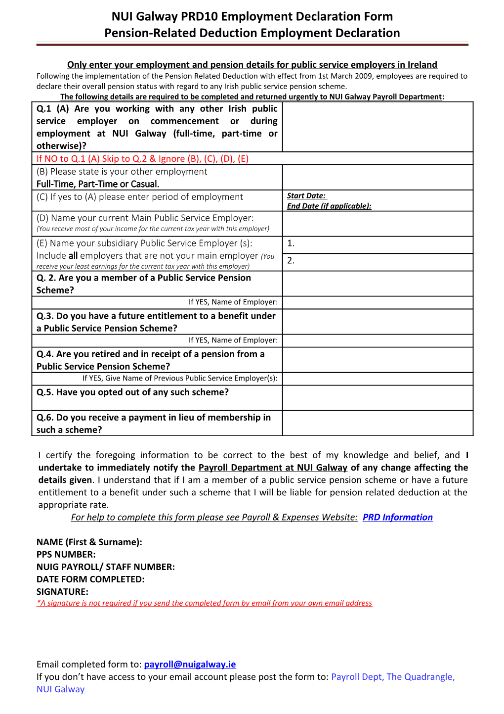 NUI Galway PRD10 Employment Declaration Form Pension-Related Deduction Employment Declaration