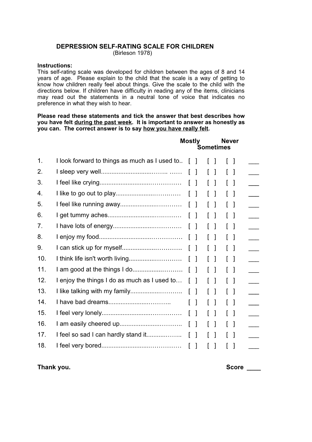 Depression Self-Rating Scale for Children