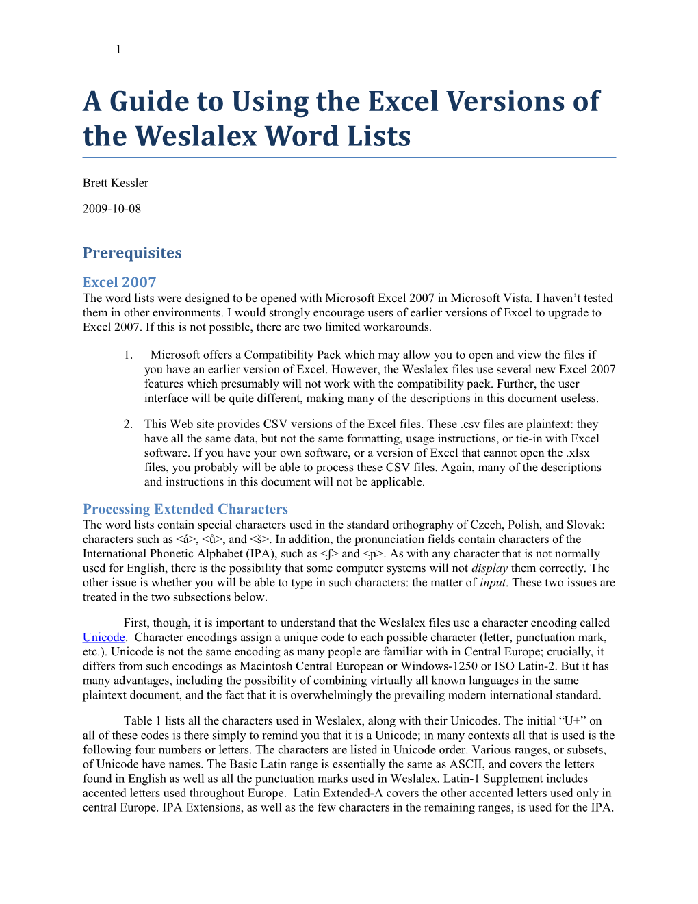 A Guide to Using the Excel Versions of the Weslalex Word Lists
