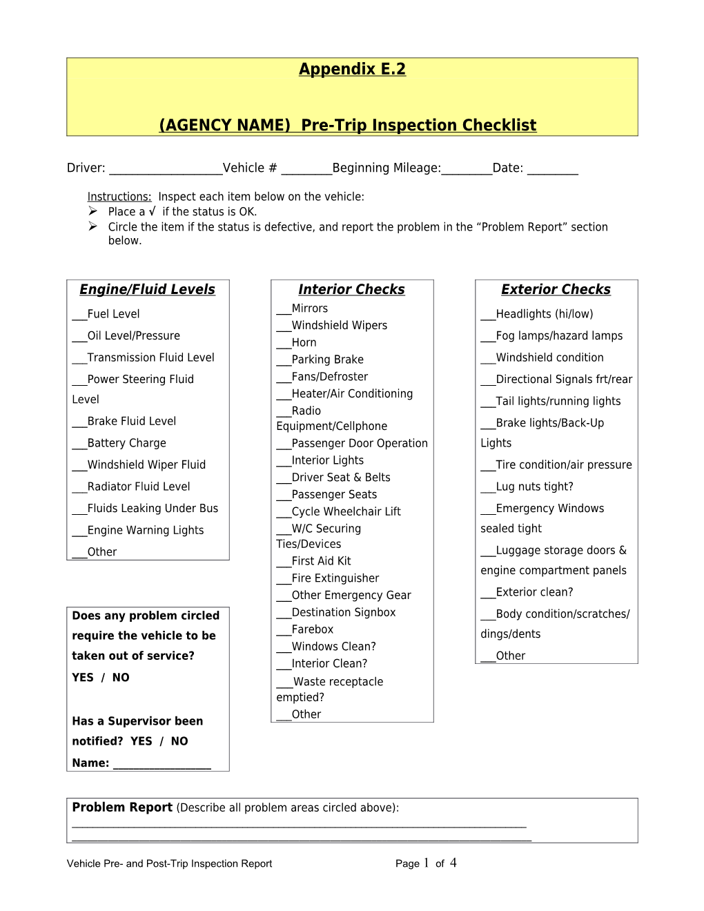 (AGENCY) Pre-Trip Inspection Checklist