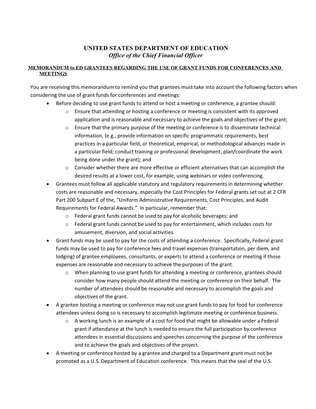 U.S. Department of Education, Office of the Chief Financial Officer: Memorandum to ED Grantees