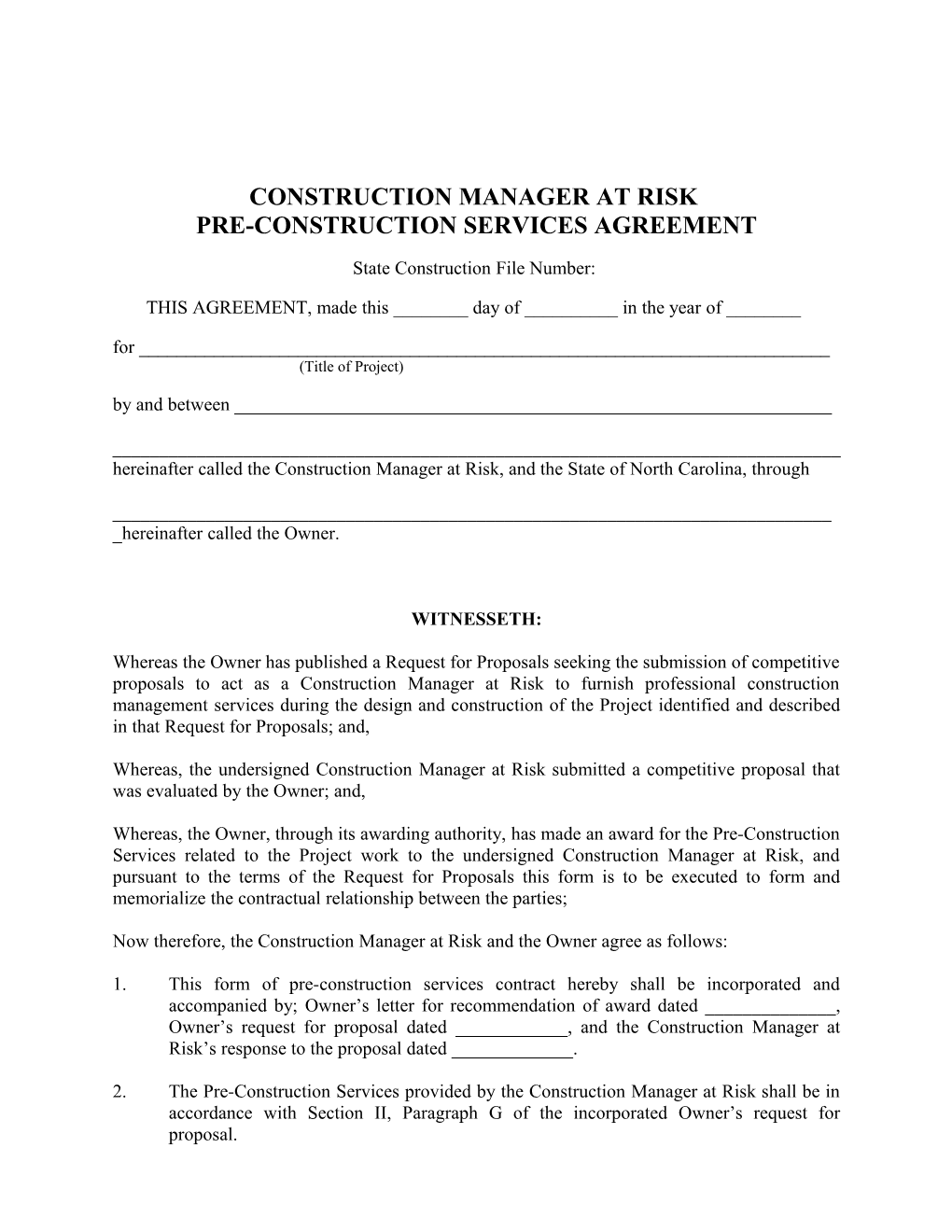 Form of Construction Manager Contract