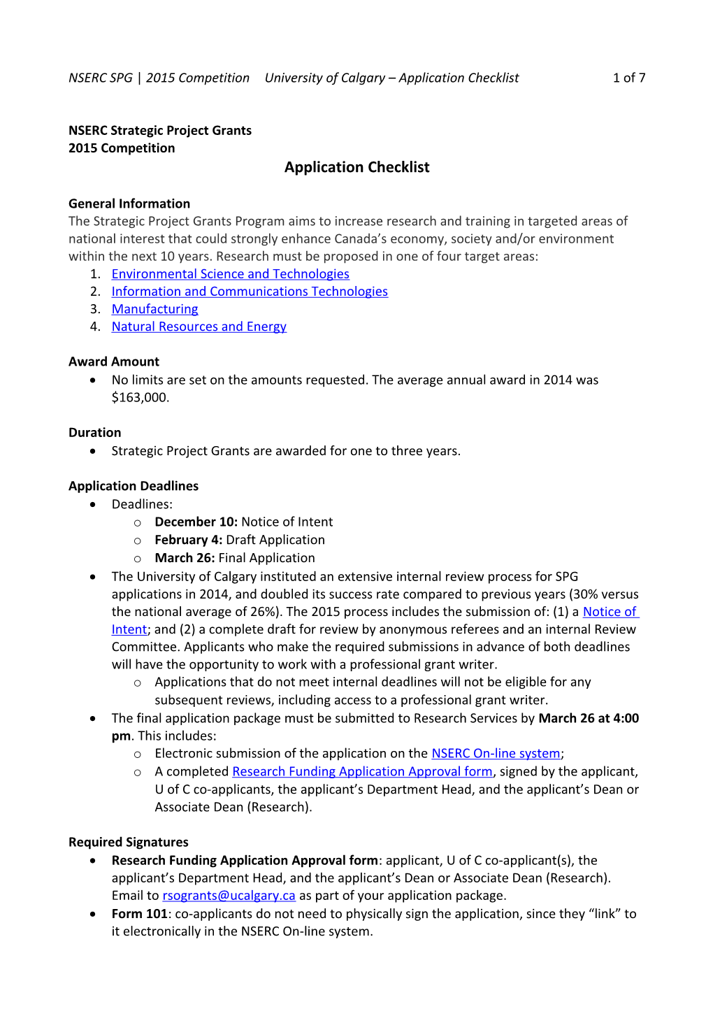 NSERC SPG 2015 Competition University of Calgary Application Checklist 7 of 7