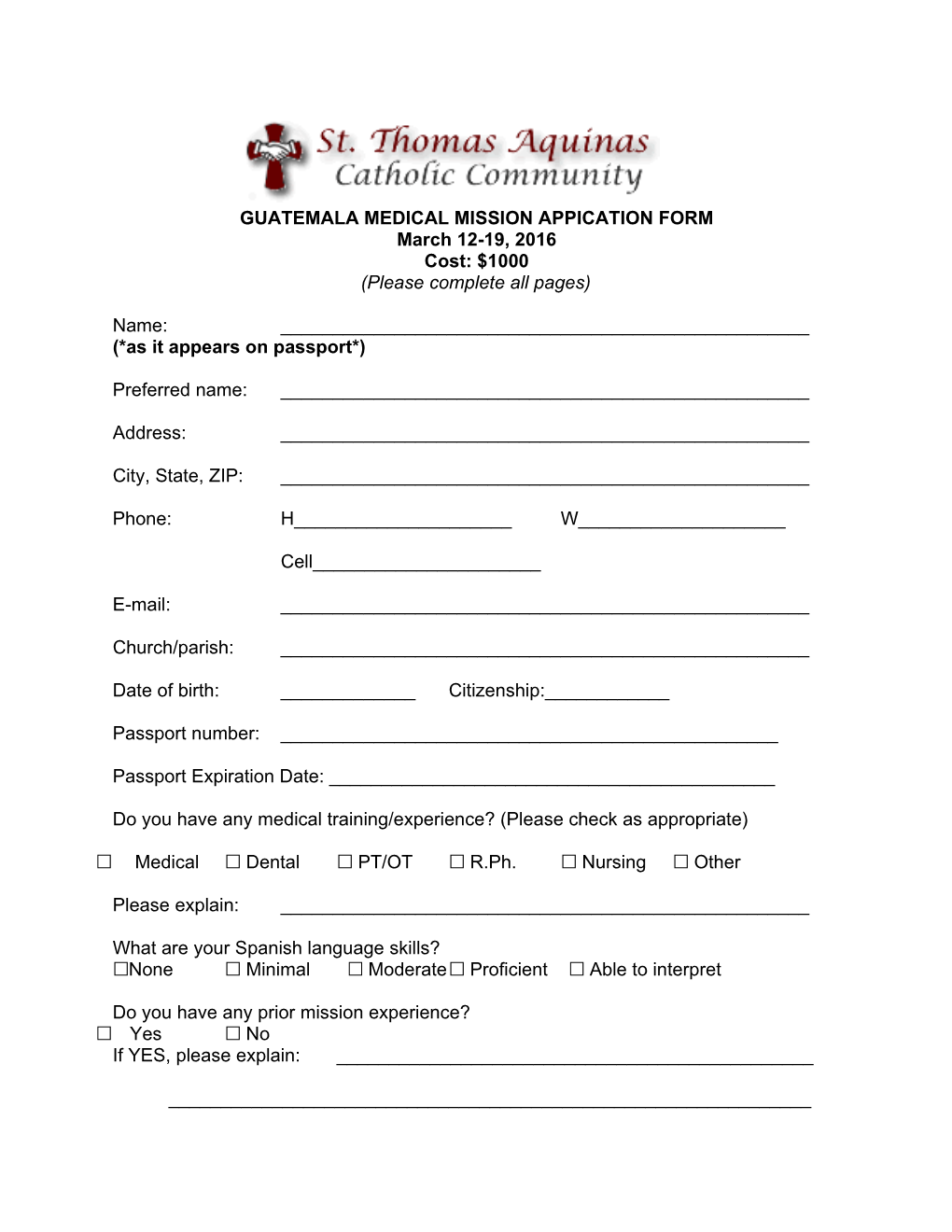 Guatemala Medical Mission Appication Form