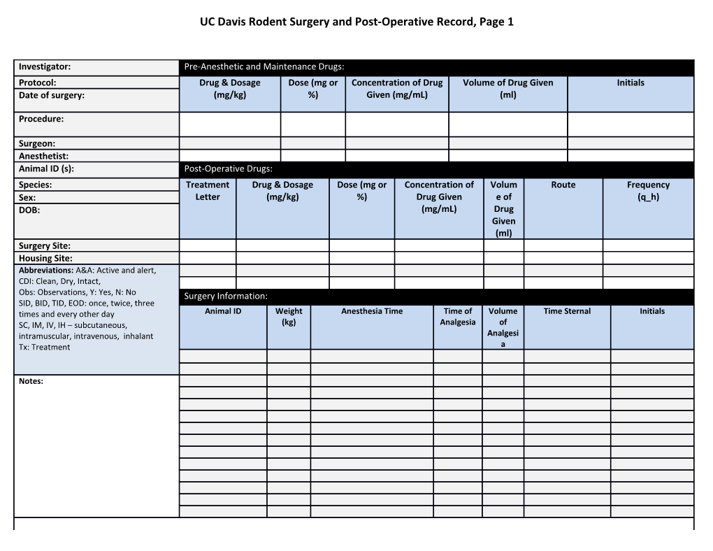UC Davis Rodent Surgery and Post-Operative Record, Page 1