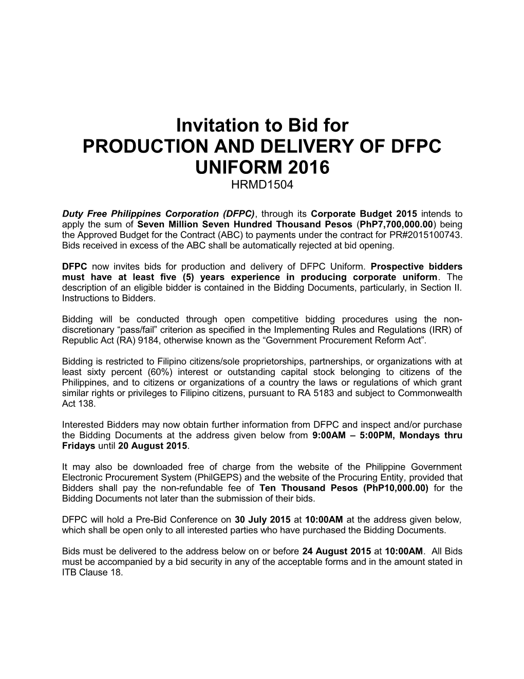 Production and Delivery of Dfpc Uniform 2016