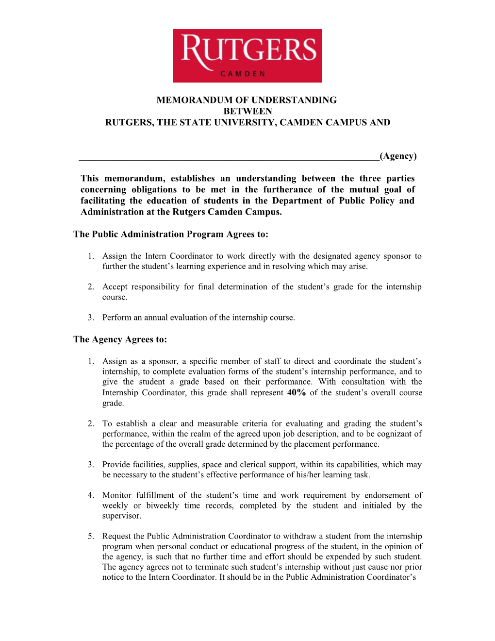 Memorandum of Understanding Agreement