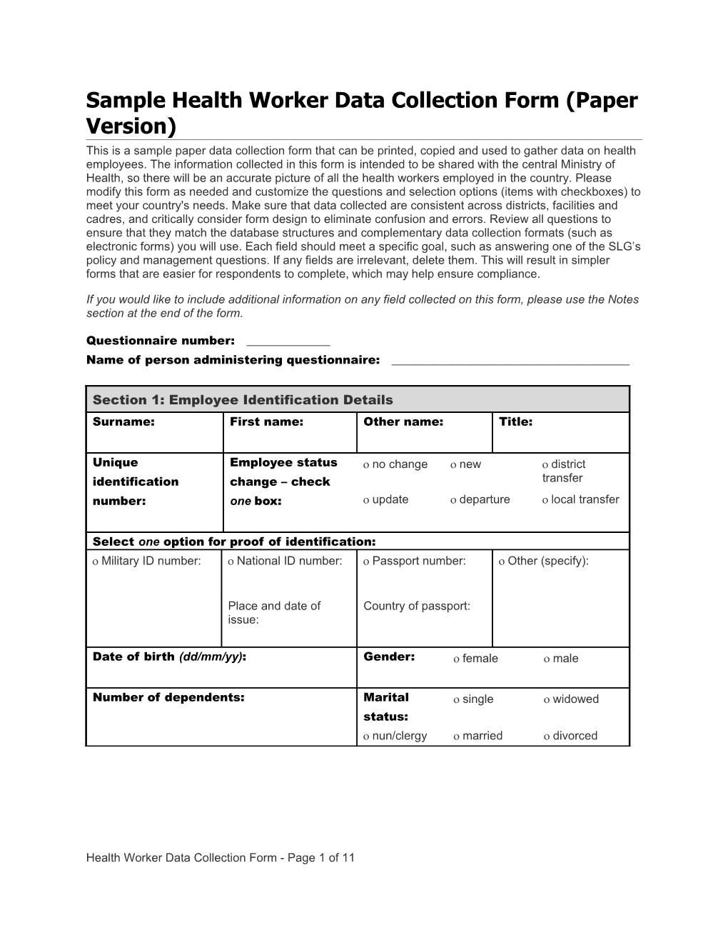 Sample Health Worker Data Collection Form (Paper Version)