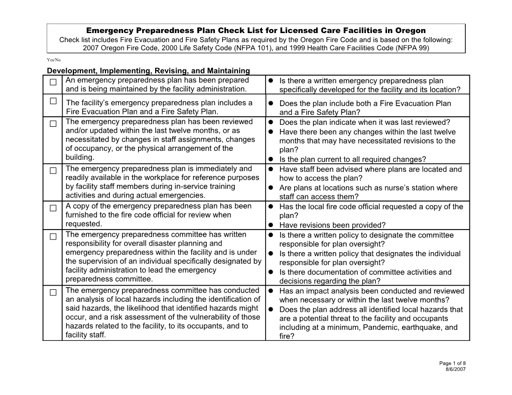 Emergency Preparedness Plan Check List for Licensed Care Facilities in Oregon