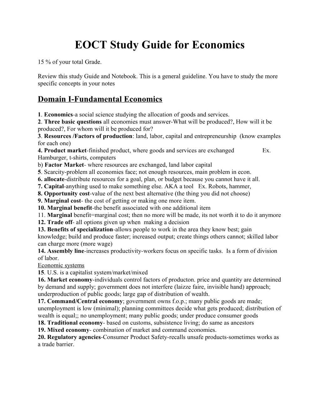 EOCT Study Guide for Economics