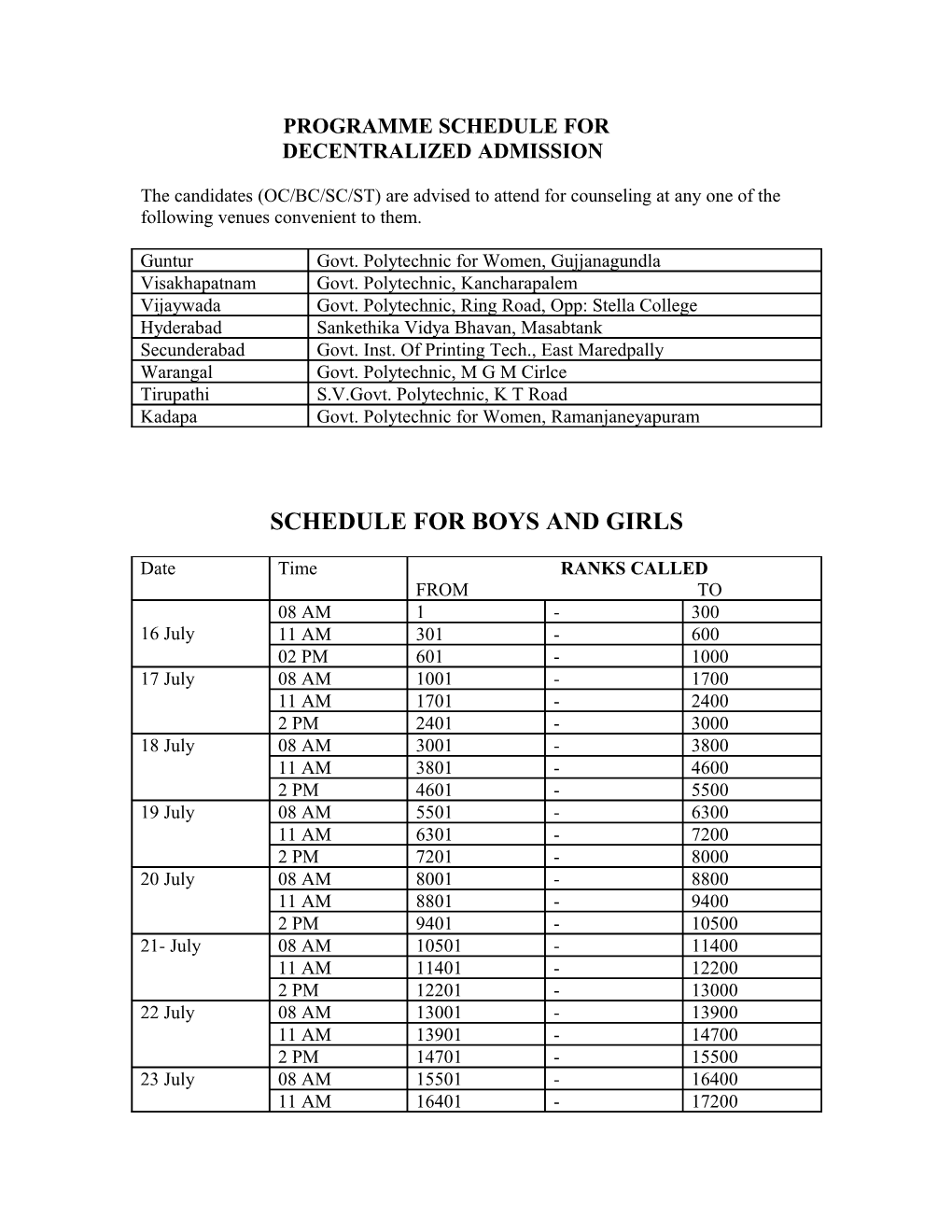 Schedule for Boys and Girls