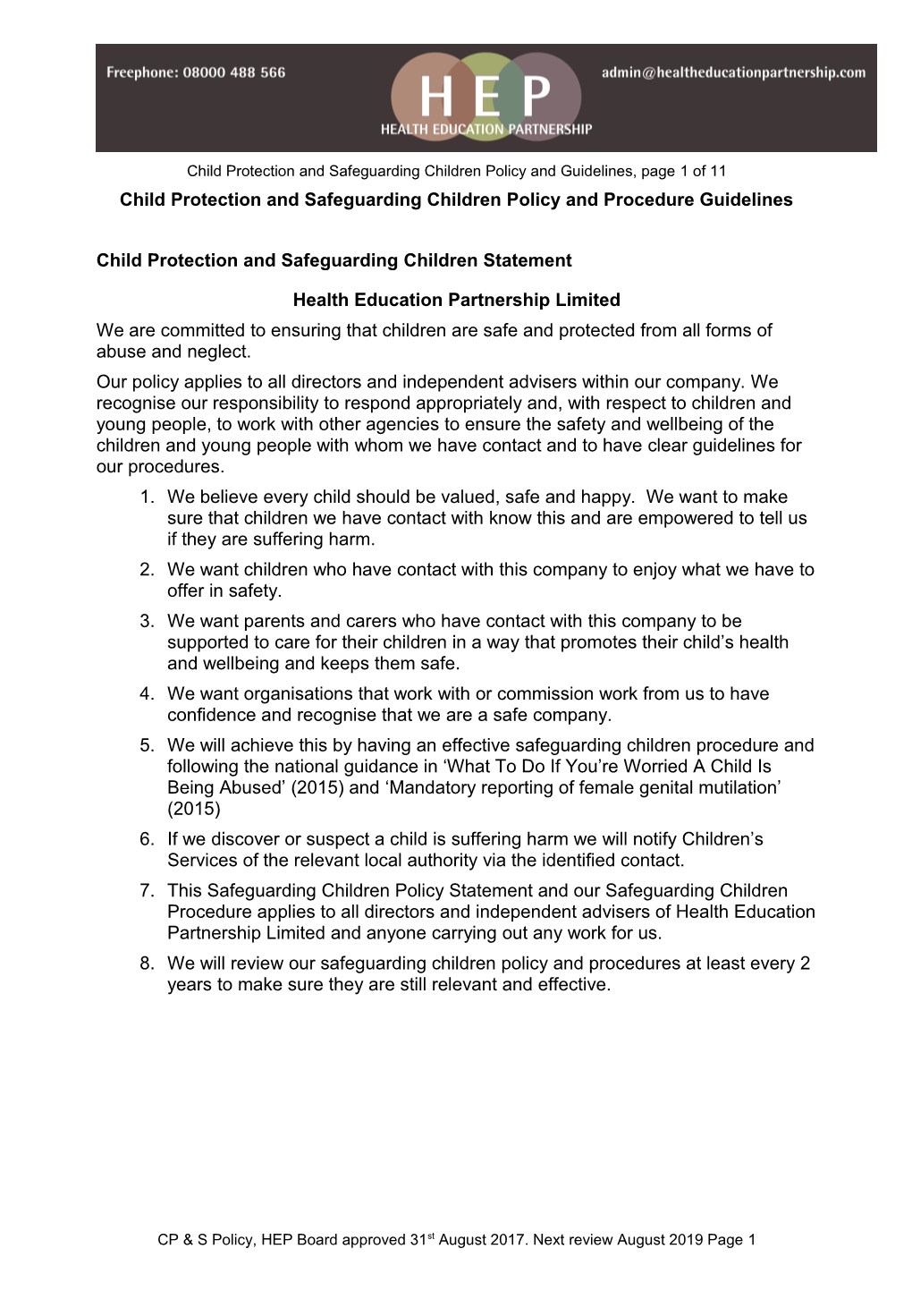 Child Protection and Safeguarding Children Policy and Procedure Guidelines
