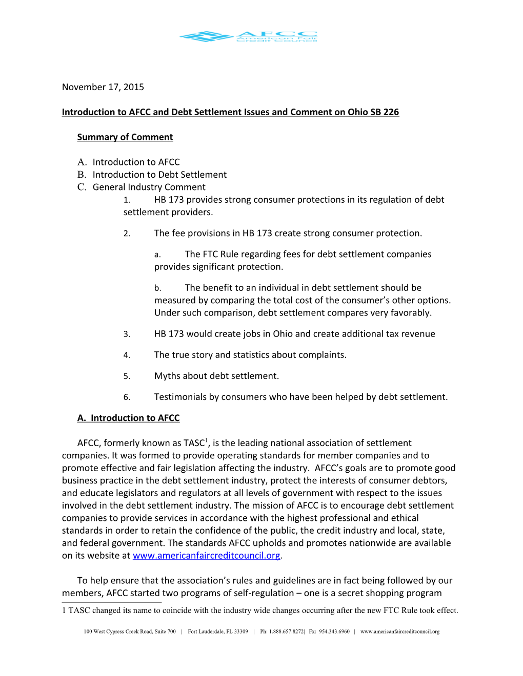 Introduction to Afccand Debt Settlement Issues and Comment on Ohio SB 226