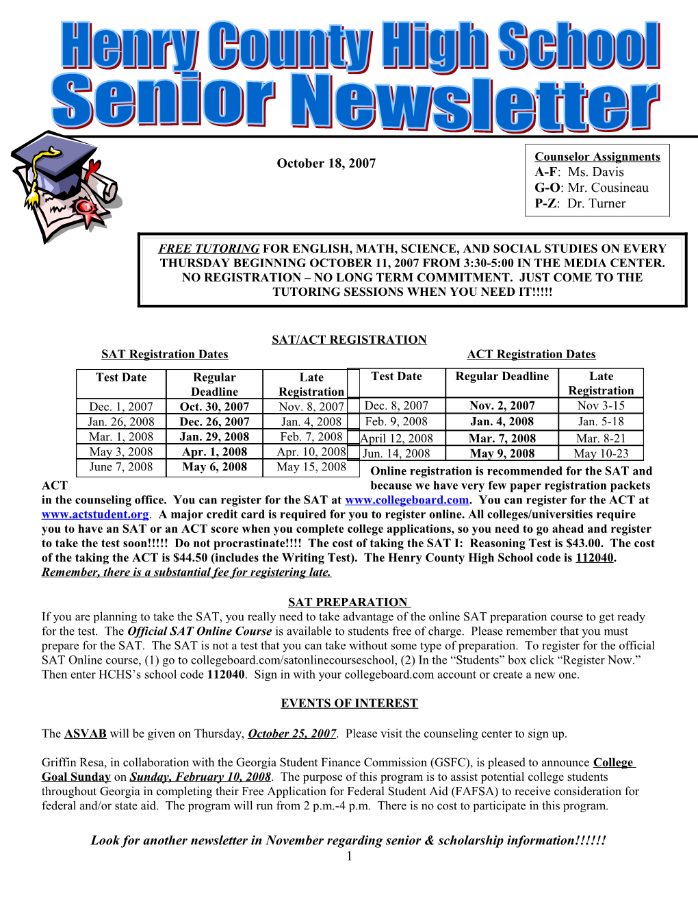 Look for Another Newsletter in November Regarding Senior & Scholarship Information