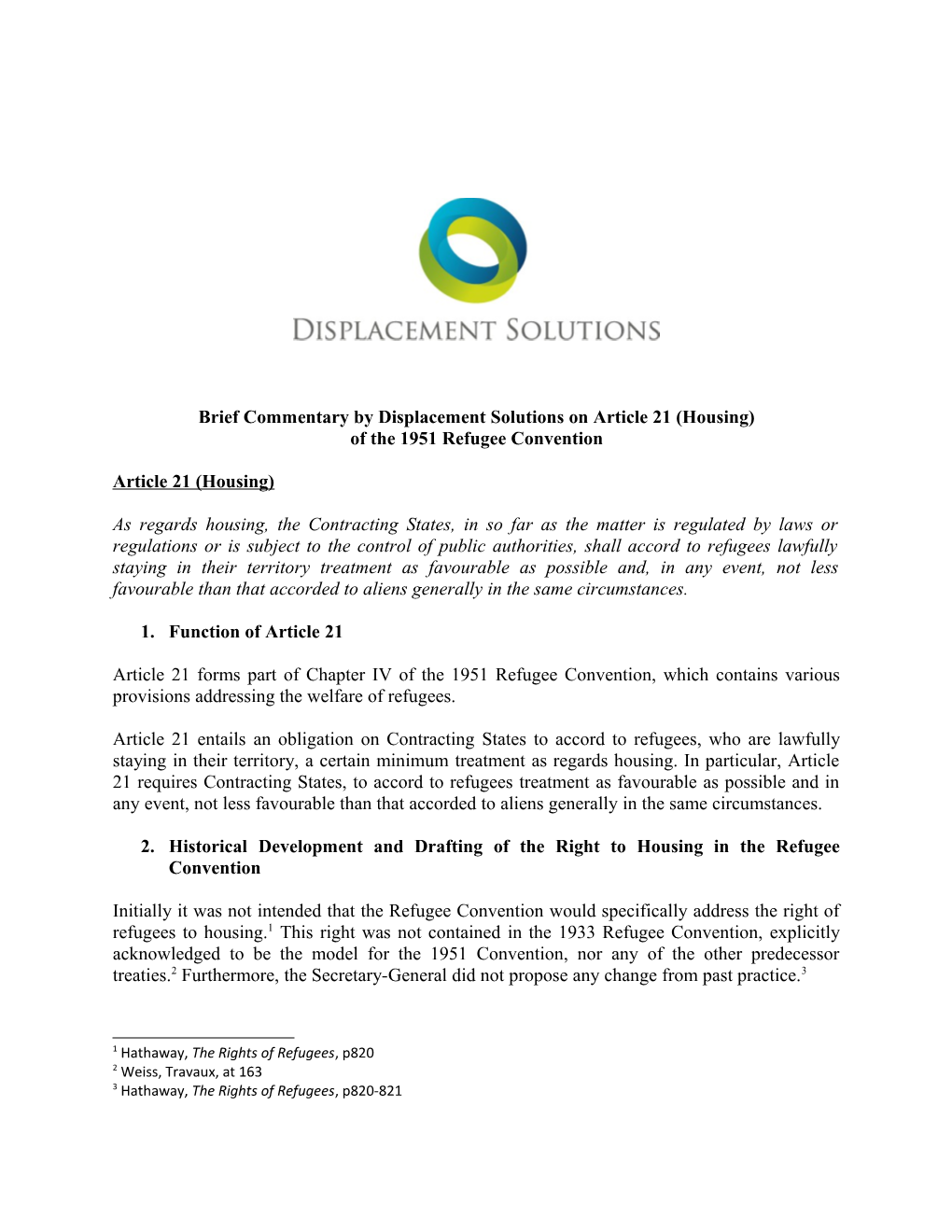 Brief Commentary by Displacement Solutions on Article 21 (Housing)