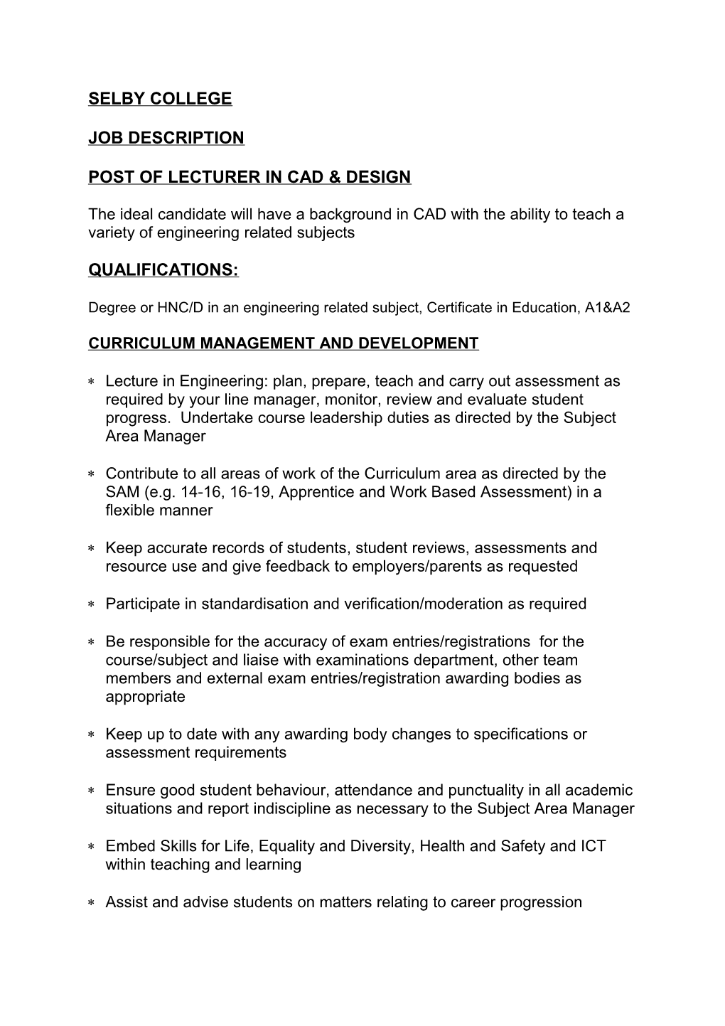 Post of Lecturer in Cad & Design