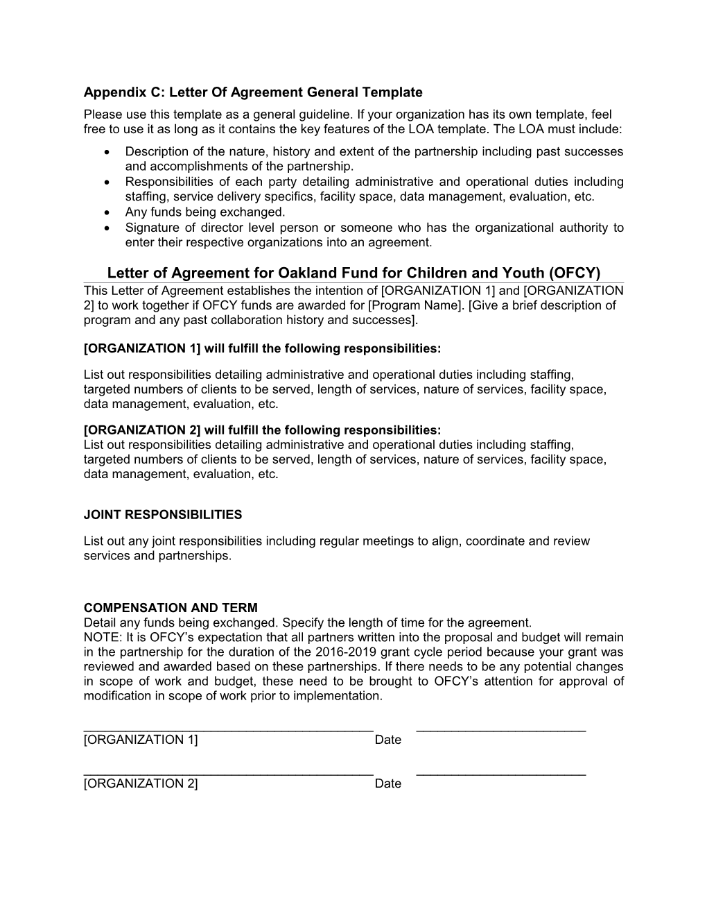 Appendix C: Letter of Agreement General Template