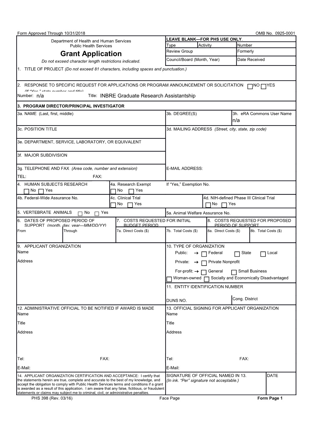 PHS 398 (Rev. 08/12), OMB No. 0925-0001, Face Page, Form Page 1