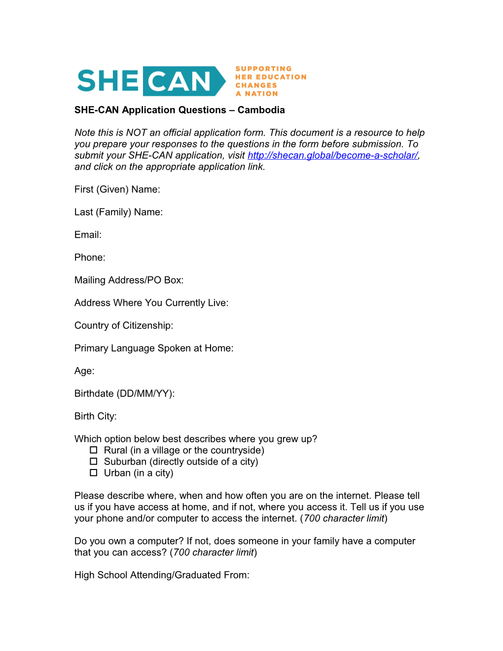 SHE-CAN Application Questions Cambodia