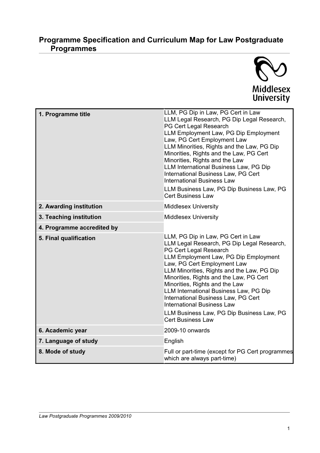 Programme Specification and Curriculum Map for Law Postgraduate Programmes