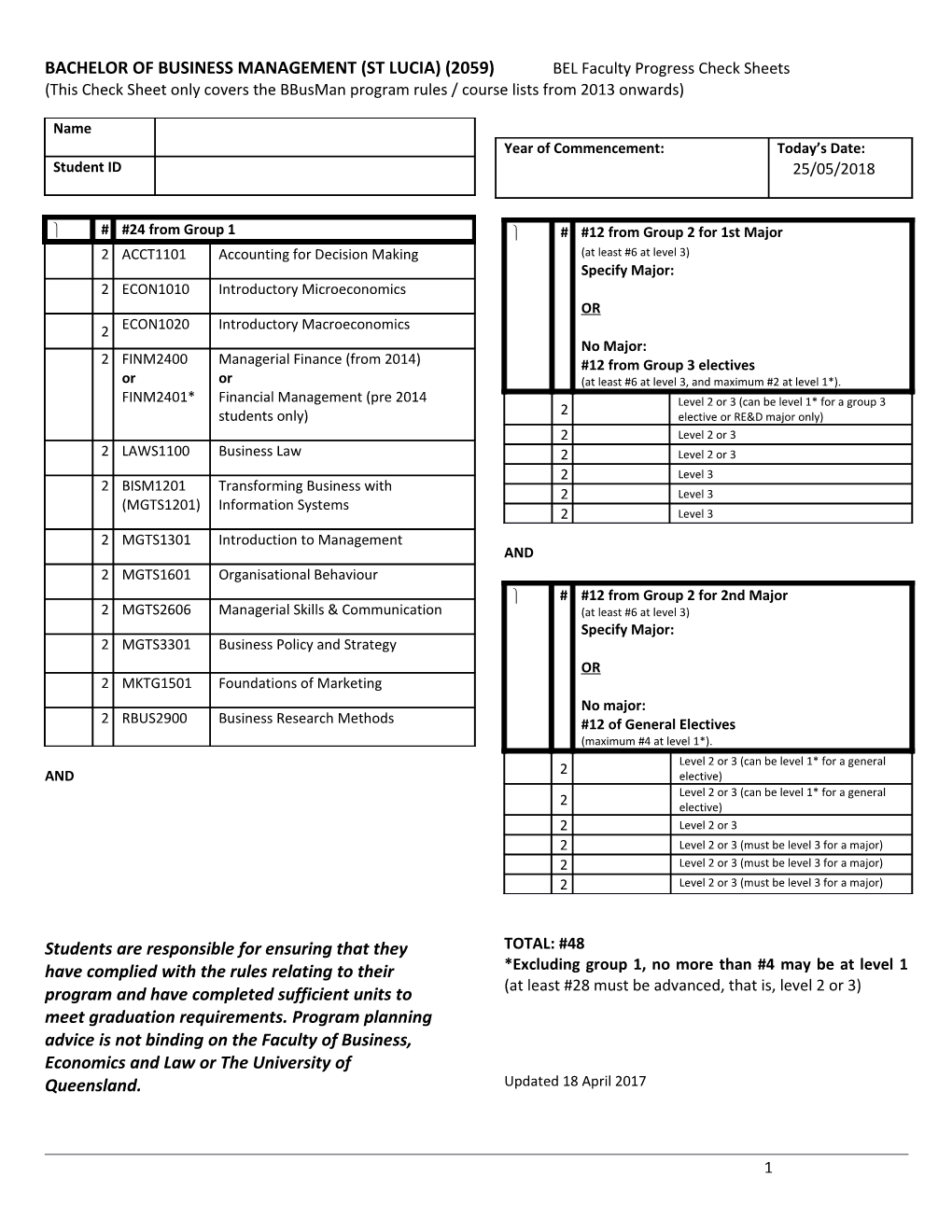 BACHELOR of BUSINESS MANAGEMENT (ST LUCIA) (2059) BEL Faculty Progress Check Sheets