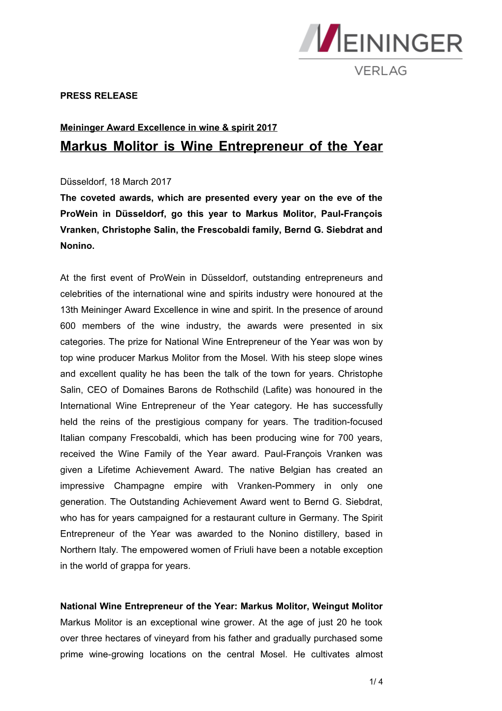 Meininger Award Excellence in Wine & Spirit 2017