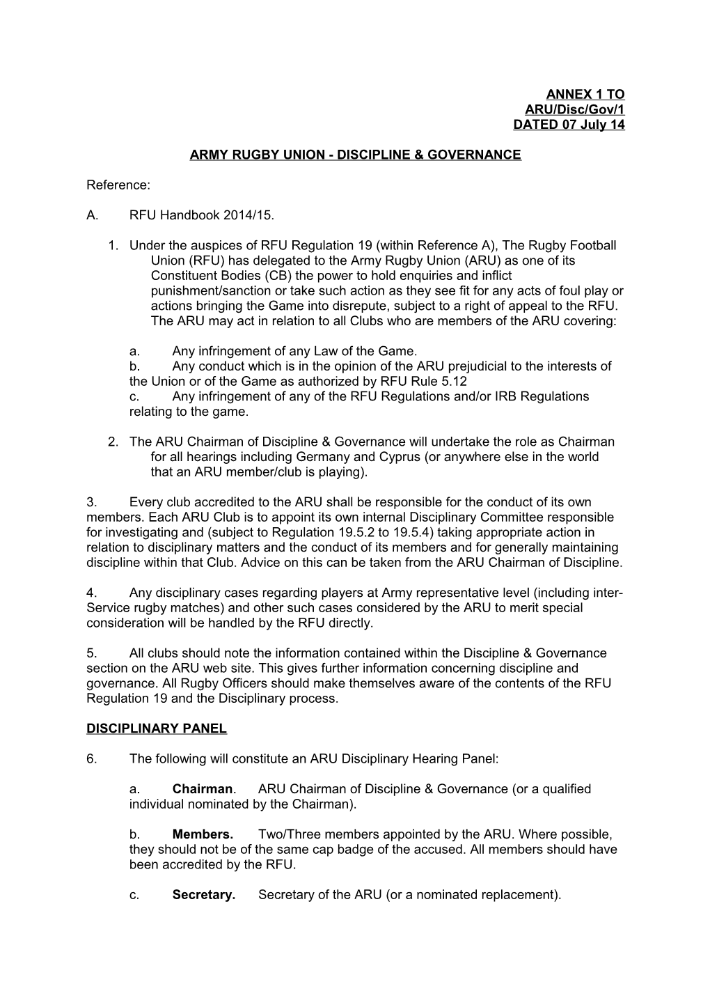 Army Rugby Union - Discipline & Governance