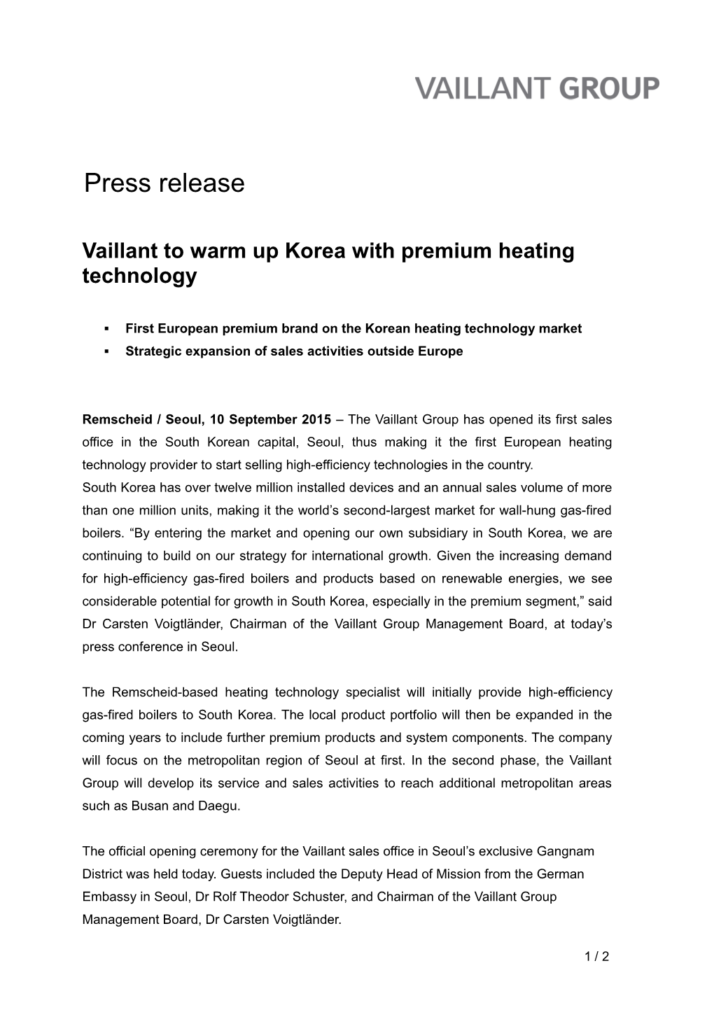 Vaillant to Warm up Korea with Premium Heating Technology