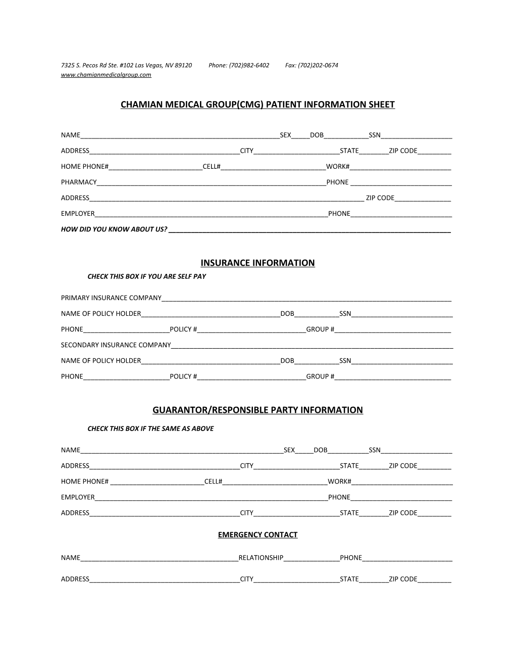 Chamian Medical Group(Cmg) Patient Information Sheet