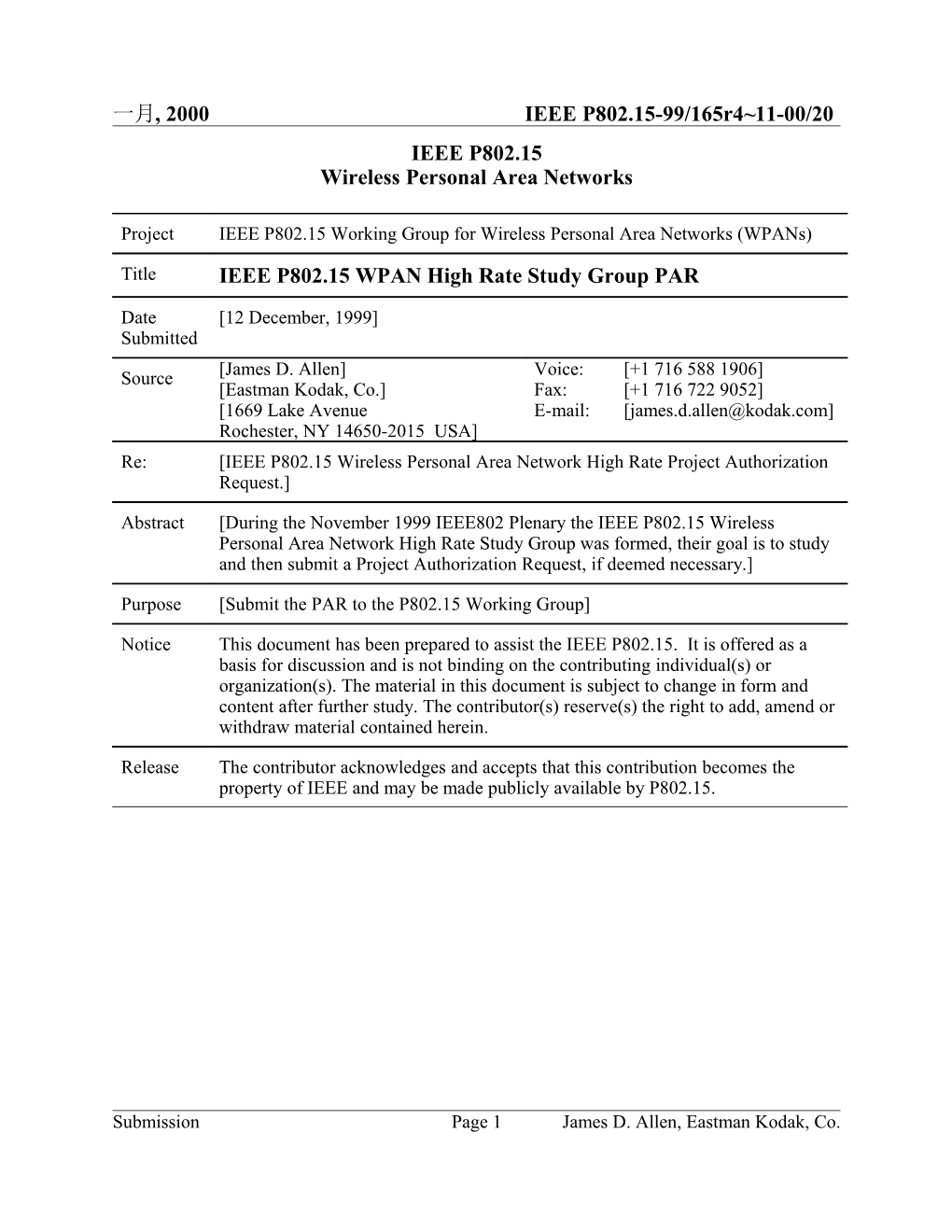 IEEE P802.15 WPAN High Rate Study Group PAR