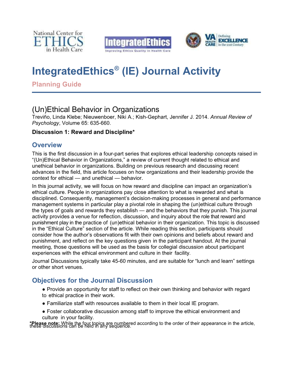 Integratedethics(TM) Journal Club Activity - Managing for Organizational Integrity - US