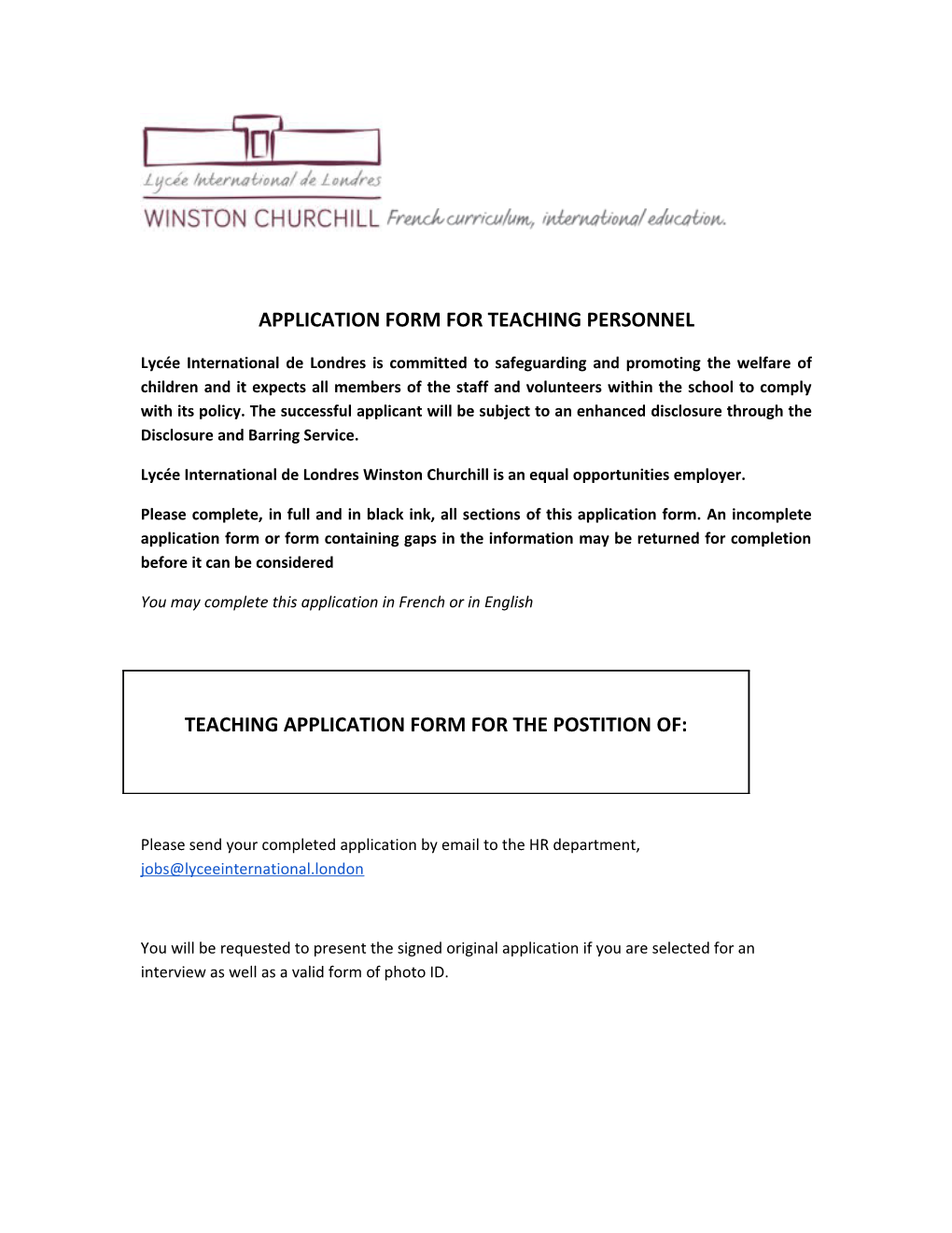 Application Form for Teaching Personnel