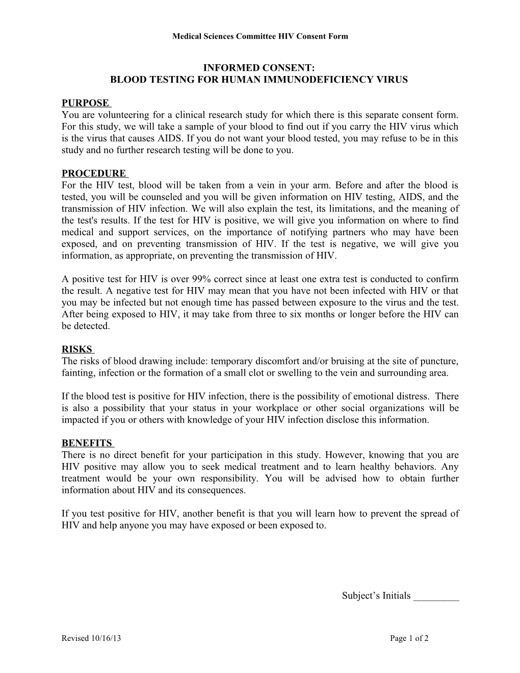 Medical Sciences Committee HIV Consent Form