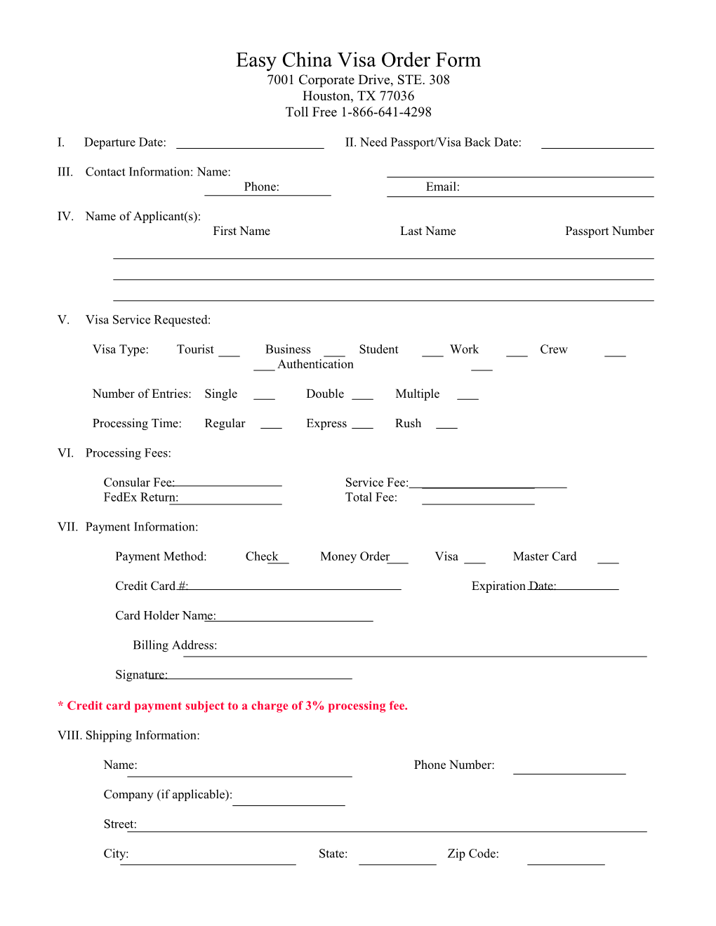 Easy China Visa Order Form