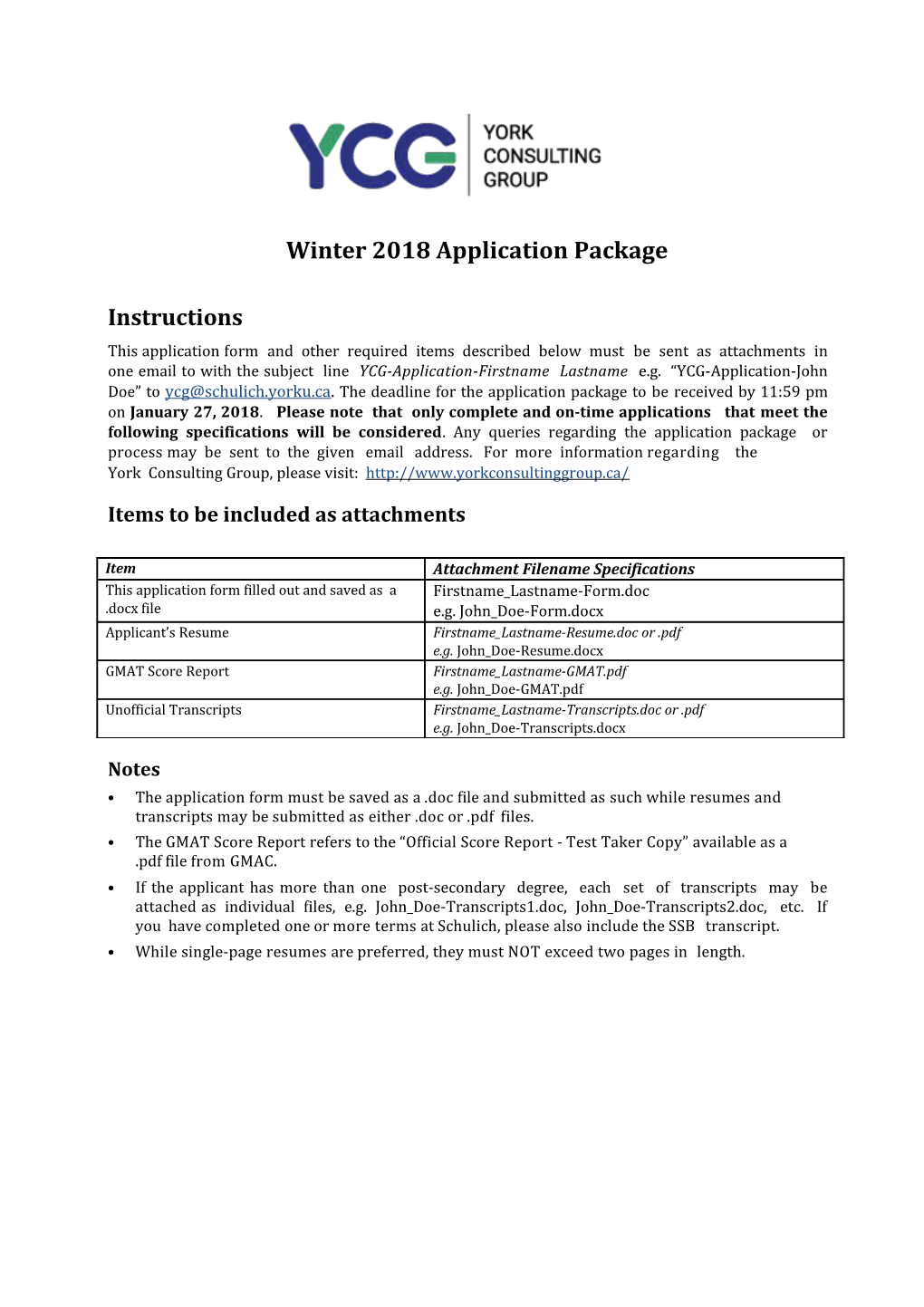 Winter 2018 Application Package