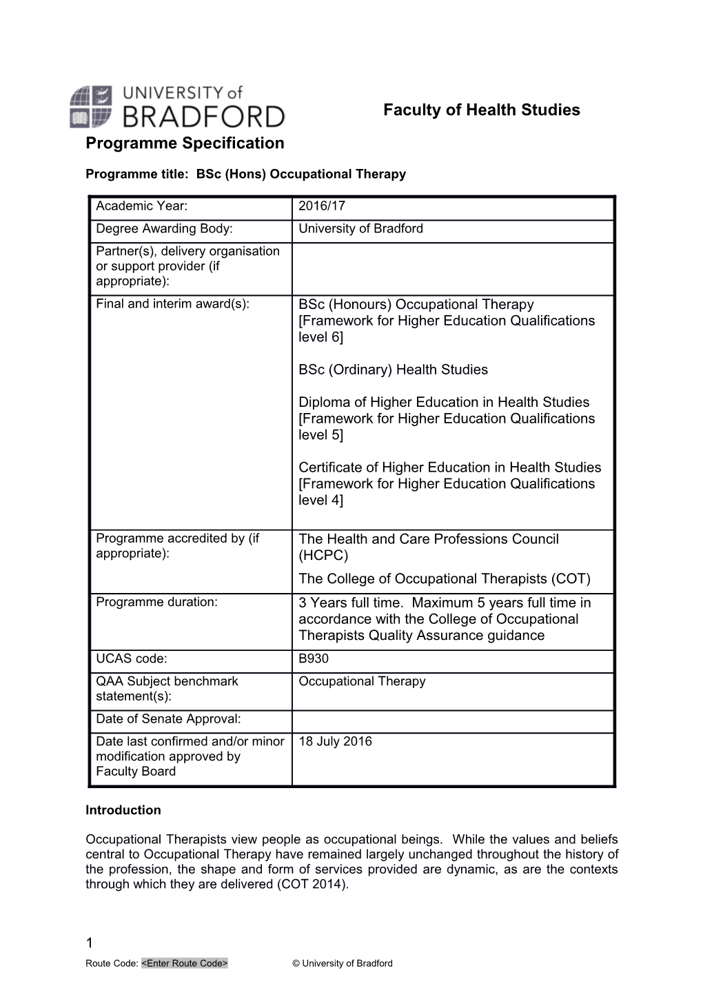 Programme Title: Bsc (Hons) Occupational Therapy